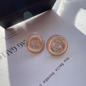 Chanel CC Textured Gold Tone Round Stud Earrings